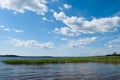 Blue sky with clouds. Green grass grows in the lake.