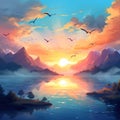 Beautiful landscape with lake, mountains, and birds at sunset, vector illustration, Generative AI Royalty Free Stock Photo