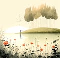 Beautiful landscape with a lake and poppies. Stylised illustration