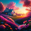 Beautiful landscape of lavender field and house at sunset. 3d rendering generative AI Royalty Free Stock Photo