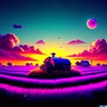 Beautiful landscape of lavender field at sunset. 3d rendering Generative AI Royalty Free Stock Photo