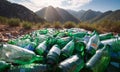 Beautiful landscape littered with used plastic bottles, environmental pollution