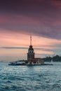 Beautiful landscape of Maiden`s tower Tower of Leandros at sunset. Dramatic cloudy sky. Royalty Free Stock Photo