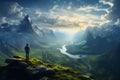 Beautiful landscape, with man standing on top of hill overlooking panoramic view of valley, with mountains, river, cloudy Royalty Free Stock Photo