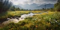 Beautiful landscape with meadow, stream, and mountains. Snow capped peaks and flower fields near a babbling brook. Royalty Free Stock Photo