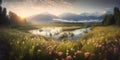 Beautiful landscape with meadow, stream, and mountains. Snow capped peaks and flower fields near a babbling brook. Royalty Free Stock Photo