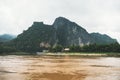 Beautiful landscape of the Mekong river in Asia. Mountain in clouds. The landscape of Laos Royalty Free Stock Photo