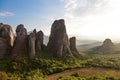 Beautiful landscape of Meteora rocks at sunrise, Greece Royalty Free Stock Photo