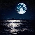 Beautiful landscape: moonlit night over the ocean. The big moon is among the stars and clouds, its light is reflected among the Royalty Free Stock Photo