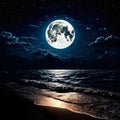 Beautiful landscape: moonlit night over the ocean. The big moon is among the stars and clouds, its light is reflected among the Royalty Free Stock Photo