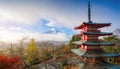 Beautiful landscape of mountain fuji with chureito pagoda around maple leaf tree Royalty Free Stock Photo