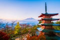 Beautiful landscape of mountain fuji with chureito pagoda around maple leaf tree in autumn season Royalty Free Stock Photo