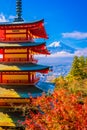 Beautiful landscape of mountain fuji with chureito pagoda around maple leaf tree in autumn season Royalty Free Stock Photo