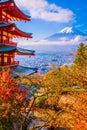 Beautiful landscape of mountain fuji with chureito pagoda around maple leaf tree in autumn season Royalty Free Stock Photo