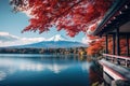Beautiful landscape of mountain fuji with maple leaf around lake in autumn season Japan, Beautiful Fuji mountain and lake