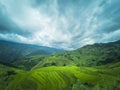 Beautiful landscape mountain green field grass meadow white cloud blue sky on sunny day. Majestic green scenery big mountain hill Royalty Free Stock Photo