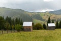 Beautiful landscape mountain hill meadow sunrise morning Bucovina village Romania Royalty Free Stock Photo