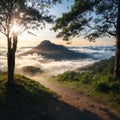 Beautiful Landscape of mountain layer in morning sun ray and winter fog at Doi Hua Mae Kham, Mae Salong Nai, Royalty Free Stock Photo