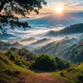 Beautiful Landscape of mountain layer in morning sun ray and winter fog at Doi Hua Mae Kham, Mae Salong Nai, Royalty Free Stock Photo