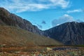 Beautiful landscape of mountain peaks, rivers and lakes. Wild nature of Altai Mountains. Clouds over mountain ranges. Russia,