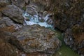 landscape with a mountain river with small waterfalls in winter day in the canyon Royalty Free Stock Photo