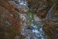 landscape with a mountain river with small waterfalls in winter day in the canyon Royalty Free Stock Photo