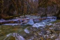 Landscape with a mountain river with small waterfalls in winter day in the canyon Royalty Free Stock Photo