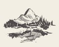 Mountain spruce forest lake man boat vector sketch Royalty Free Stock Photo