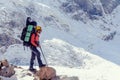 Beautiful landscape with mountains, blue huge glacier and silhouette of a man walking with a large backpack and guitar