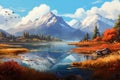 Beautiful landscape with mountains, lake and forest. Digital painting, Digital painting capturing an autumn landscape with a lake Royalty Free Stock Photo