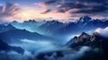 Beautiful landscape of mountains peaks with sea of clouds during sunset or sunrise Royalty Free Stock Photo