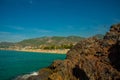 Beautiful landscape with mountains and rocks on Cleopatra beach with white sand. Funicular. Alanya, Antalya district, Turkey, Asia