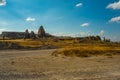 Beautiful landscape of mountains and rocks in the form of mushrooms. Fairy chimneys. Cappadocia, Turkey Royalty Free Stock Photo