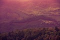 Beautiful landscape of mountains and rural town under blue fog sky from high view of San Marino city. Violet color