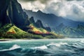 Beautiful landscape with mountains and sea. Collage. 3d rendering, View on Na Pali Coast on Kauai island on Hawaii, AI Generated
