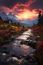 beautiful landscape, mountains and valley with river, dramatic sky at sunset Royalty Free Stock Photo