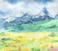 Beautiful landscape with mountains and yellow flowers on foreground.