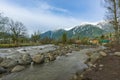 Beautiful natural Lidder river stream from the Himalayas mountain passing village of Lalipora Pahalgam, Kashmir,