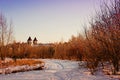 Beautiful landscape of nature and ancient chirch on the background. Winter season Royalty Free Stock Photo