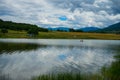 Beautiful landscape in nature and a dam with a boat in it. Asenovgrad, Plovdiv region, Europe, Bulgaria Royalty Free Stock Photo