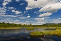 Beautiful landscape in nature with forest, water and blue sky with clouds. Chalupska moor - National Park Sumava Bohemian forest