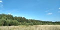 Beautiful landscape. Nature picture background. Spring nature. Blue clear sky. Sunlight and fluffy clouds. Field and meadow