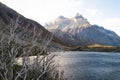 Beautiful landscape of the Nordenskjold lake and Cordillera del Paine in autumn