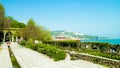 Beautiful landscape od Black Sea and alley in Balchik Palace gardens, Bulgaria