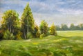 Beautiful landscape oil painting on canvas Spring forest green trees on a lush sunny meadow field Royalty Free Stock Photo