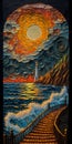 Beautiful Landscape oil painting masterpiece superimposed by paper quilling and paper art, coastal pier,