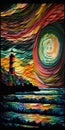 Beautiful Landscape oil painting masterpiece superimposed by paper quilling and paper art, coastal pier,