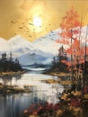 Gilded Mountain Lakeside Landscape Oil Painting, Nature Travel Camping Hiking Fine Art, Tourism Wallpapers, Poster Backgrounds