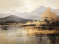 Gilded Mountain Lakeside Landscape Oil Painting, Nature Travel Camping Hiking Fine Art, Tourism Wallpapers, Poster Backgrounds