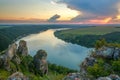 Beautiful landscape over the river and ancient mystical rocks on background of magnificent sky, Dniester Bay, nature in Ukraine